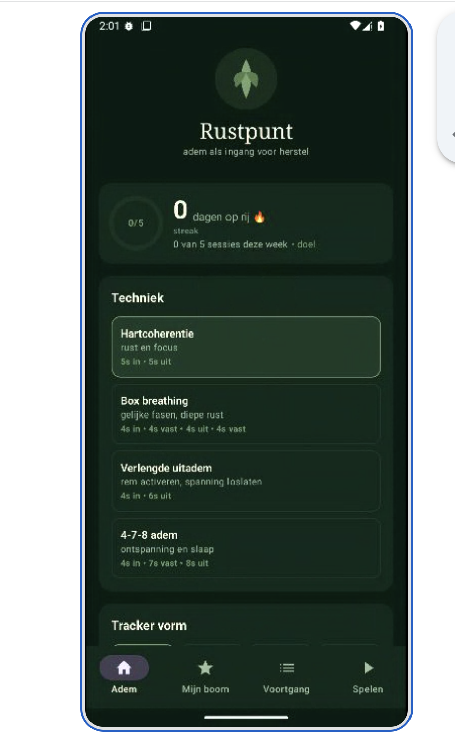 Filia adem-app — kies je techniek met streak en tracker